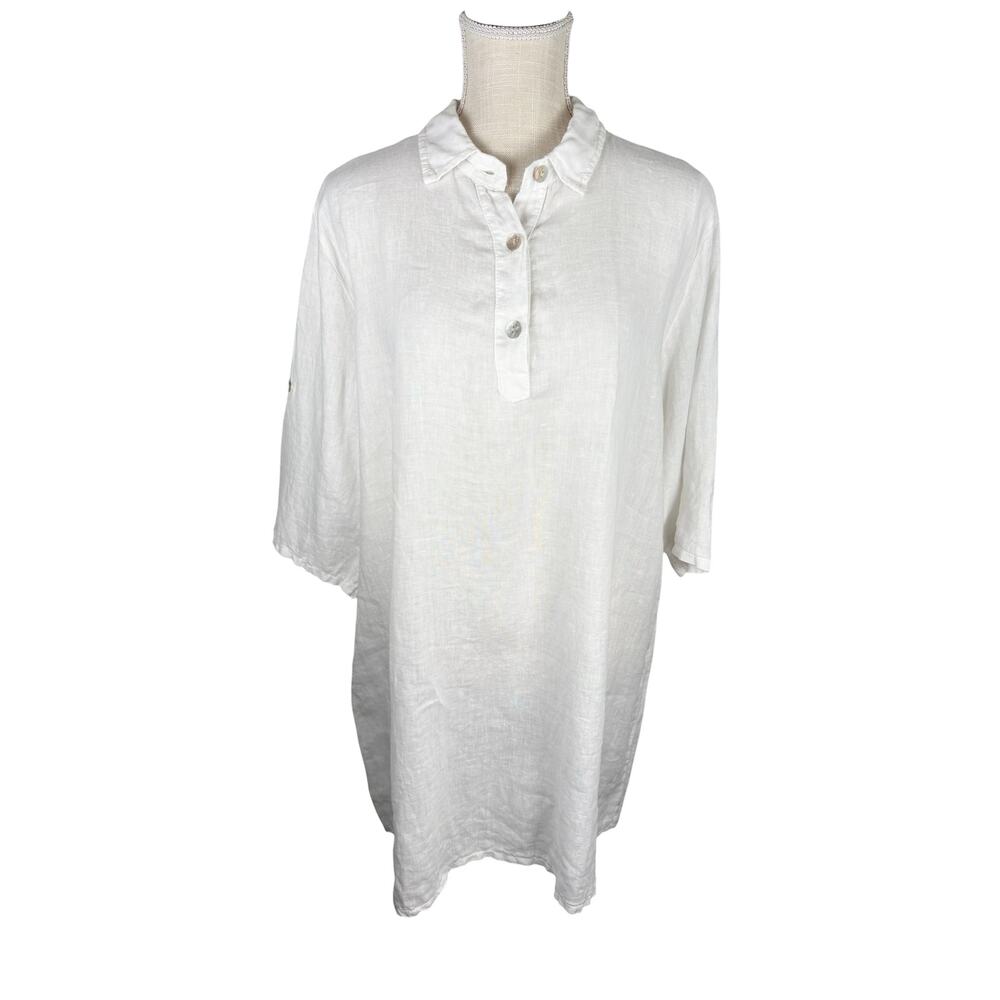 Meo Meli Linen Popover Dress One Size White Collared Roll Tab Sleeves Bridal